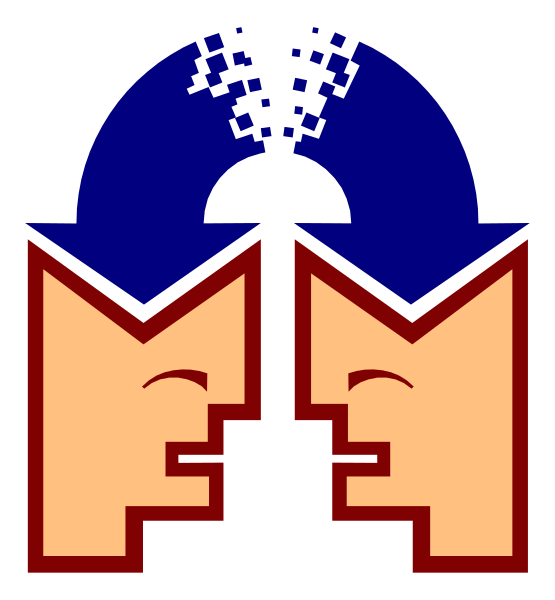 The image shows a stylized graphic of two human heads facing each other with their foreheads touching at an angle that creates a heart shape between them; there is no text present in this clip-art illustration, and it appears to be designed for use as part of digital content or social media graphics.
