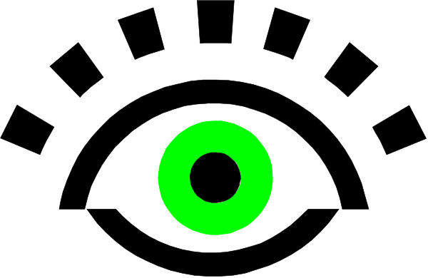 The image shows a black background with an eye design that has green pupils on it.