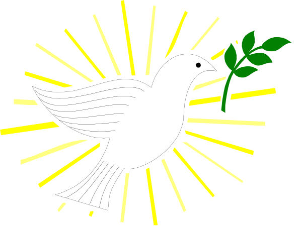 The image shows a white dove with an olive branch on its beak flying towards a cross symbolized by rays of light against a dark background.