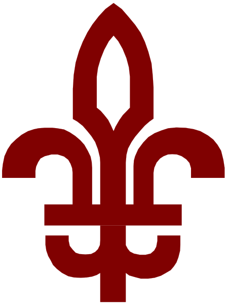The image shows a red emblem with an outline of a shield containing three fleur de lis symbols on it against a black background.