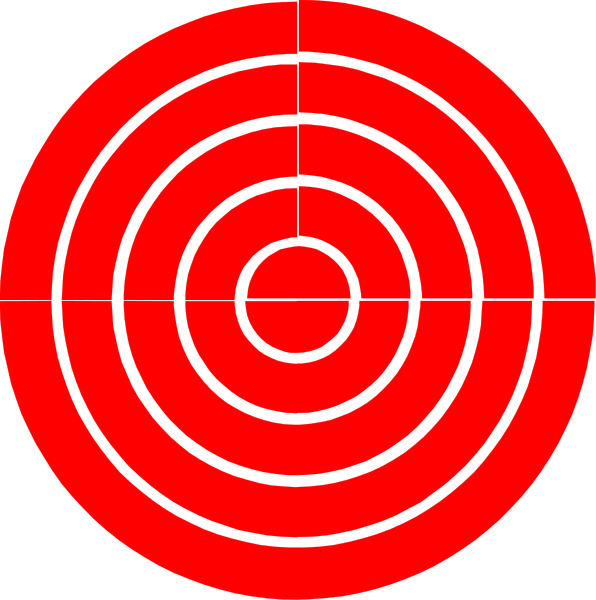 The image shows a red target with concentric circles on it against a black background.