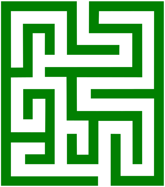 The image shows a maze with green walls on top of black squares forming paths between them.
