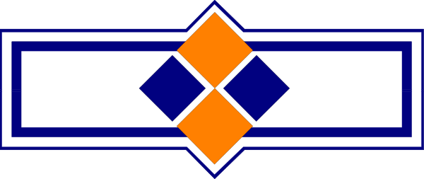 The image shows a stylized emblem with geometric shapes featuring an orange diamond within two blue diamonds on either side of what appears to be a white cross-like shape at its center.