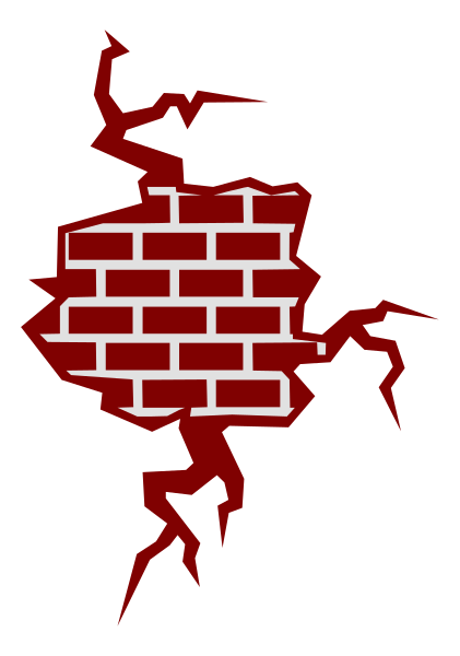 The image shows a stylized brick wall with cracks on it against which is superimposed an abstract design resembling a red shield-like shape that could be interpreted as either flames or lightning bolts, set within what appears to be two vertical bars of different colors at the top and bottom.