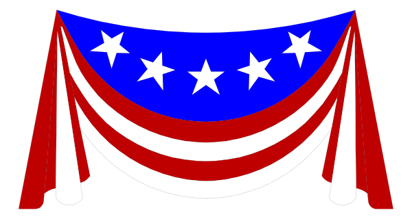 The image shows a graphic of an American flag with stars on it behind two red curtains that have white fringe at their bottoms; there is no text present in this clip-art illustration.