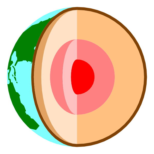 The image shows a stylized representation of Earth with two distinct halves: half is covered by water (blue) while the other appears to be landmasses in shades of green and brown. A large cross-sectional slice through this globe reveals an inner core that resembles concentric layers, similar to those found within a tree trunk or onion skin, with alternating red/pink bands indicating different densities or compositions. The image is educational, likely used for teaching about Earth's structure and composition in relation to its atmosphere (the blue half) and the