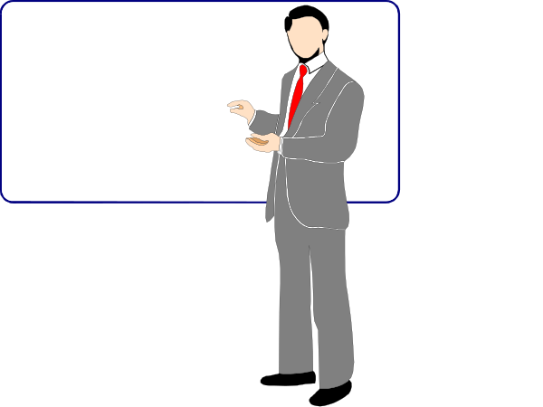 The image shows a man standing between two blank whiteboards with red borders; he is dressed professionally wearing a suit jacket over his shoulder while holding something in both hands that appears to be food items like donuts, and gesturing towards one of them as if presenting or discussing it.