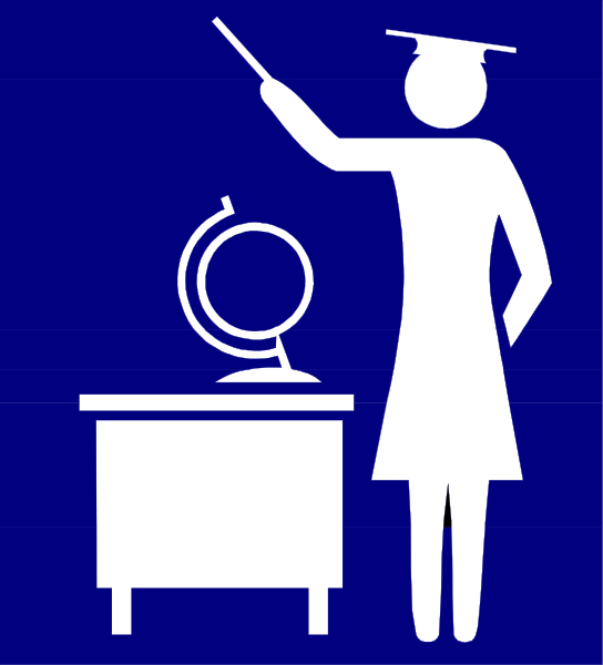 The image shows a black silhouette of an adult female figure standing next to a desk with various items on it including what appears to be a globe and possibly some papers or books; she is holding up her right hand as if pointing at something, which could imply that there's information being conveyed.