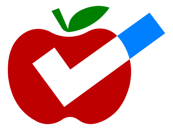 The image shows a red apple with an "X" through it next to what appears to be a blue checkmark symbolizing approval or verification.