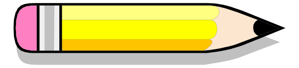 The image shows a pencil with an eraser on top of it placed next to what appears to be a yellow highlighter marker in front of them both against a gray background.