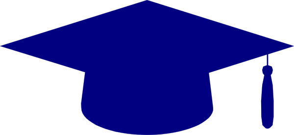 The image shows a stylized graduation cap with an open book on top of it against a blue background.