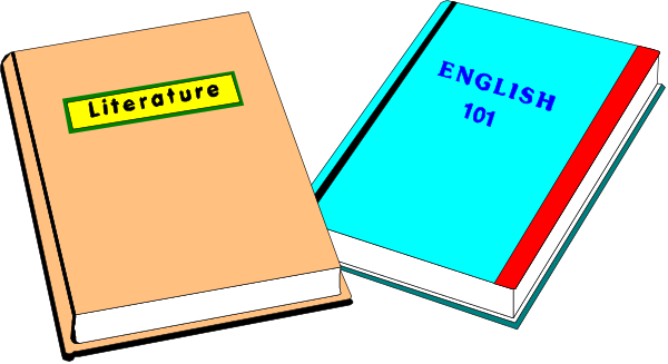 The image shows three books with their spines facing outward: "English Literature," a red book labeled as number 101, and another blue-covered book without visible text on its spine. They appear to be stacked horizontally against each other in front of what looks like an English flag background. The style is simple clip art with no additional context or setting provided beyond the books themselves. There are no people, animals, actions depicted here; it's a straightforward representation focused solely on these three book covers and their arrangement.