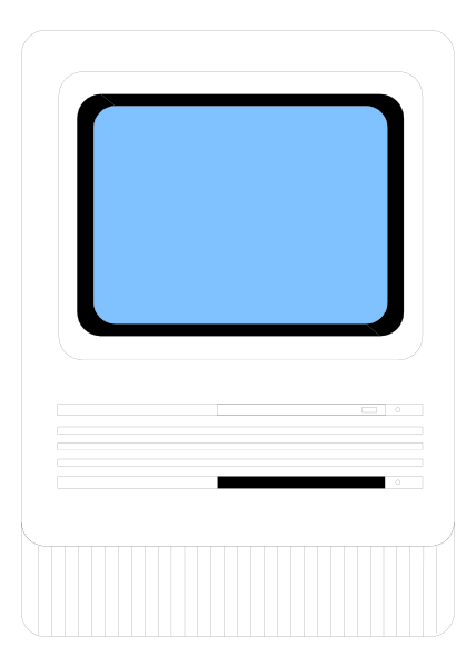 The image shows a stylized representation of an old computer monitor with a blue screen on it against a gray background.