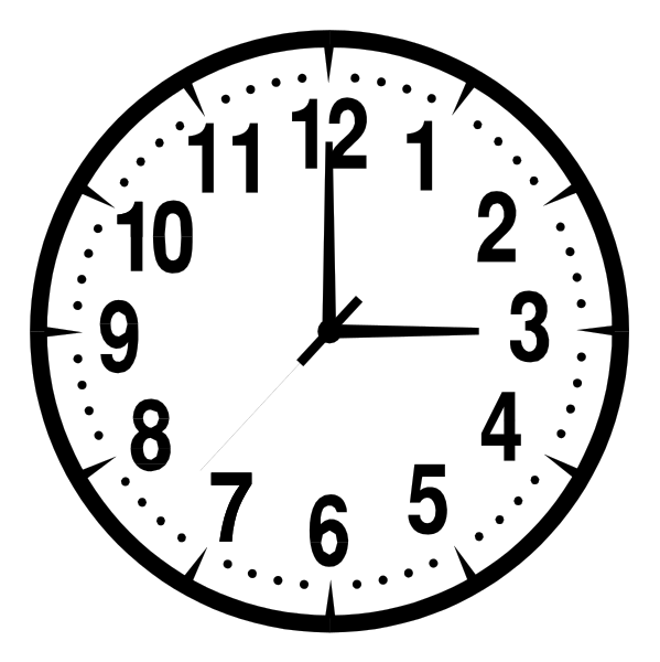The image shows a black analog clock with white numbers indicating time as 12:05 pm (noon). It has two hands pointing to six o'clock for hours and three-quarters past twelve minutes, marked by an arrow on its face. There is no text or additional objects in the scene. This description focuses solely on what can be observed within this small clip art image without any assumptions about artistic style or coloration.