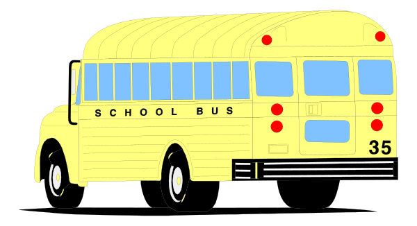 The image shows a yellow school bus with red stop signs on its sides parked next to an unseen roadway.