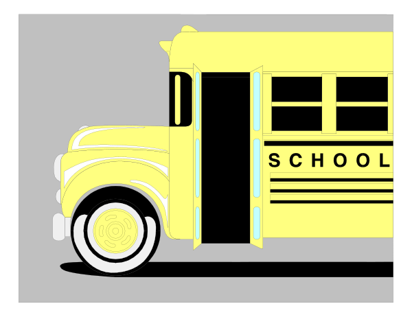 The image shows a school bus parked on an empty street with no visible textures indicating movement; it is depicted as still in this clip-art representation of a scene from everyday life.