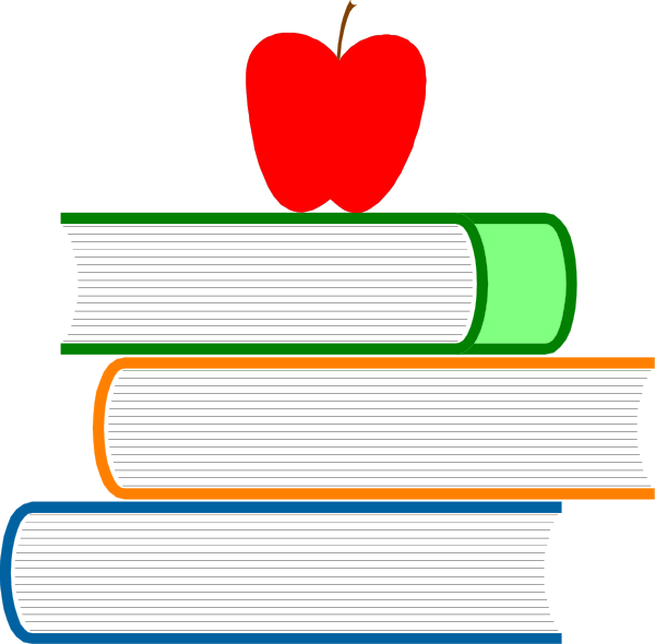 The image shows a cartoon of an apple on top of two books with colorful spines stacked atop each other against a black background; there is no text present in this clip-art illustration, and it appears to be related to education themes or concepts such as learning resources like apples for teachers.