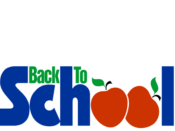 The image shows a logo with text that reads "Back to School" on top of an illustration depicting school-related items such as books, pencils, rulers, apples (possibly representing teachers), and other educational materials in shades of blue, red, yellow, green.