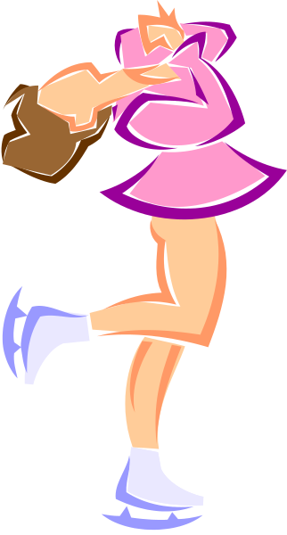 The image shows a cartoon of two animated characters: on the left side is an adult female figure with purple hair wearing roller skates; she's holding her arms out to balance herself as if in motion, and appears surprised or excited by something off-frame. On the right side stands another character who seems more composed—a young girl dressed similarly but without any visible movement, looking directly at the viewer while also appearing slightly puzzled or curious about what is happening with the adult female figure's rollerskating activity. Both characters are set against a plain background that does not
