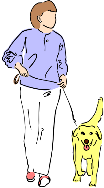 The image shows a person walking their dog on a leash with an open mouth panting from exertion.