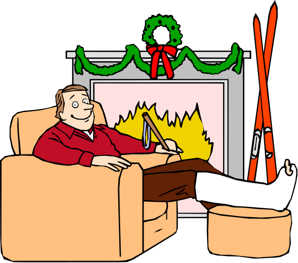 The cartoon depicts a man sitting on an armchair with his feet propped up by two skis while holding what appears to be a remote control in front of him; he is wearing red shorts and has no shirt, suggesting it's cold outside as indicated by snowflakes falling around the room. Behind him are Christmas decorations including stockings hanging on either side of an electric fireplace with flames visible inside. The man seems relaxed or possibly exhausted from a day spent skiing.