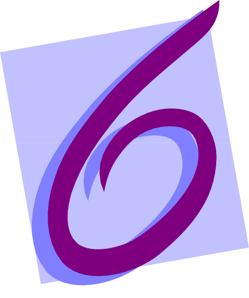 The image shows a stylized number six with an abstract design resembling musical notes on it.