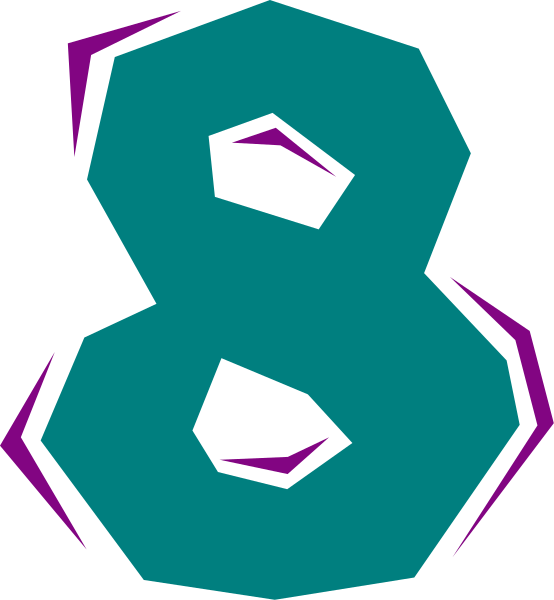 The number eight with a stylized design on it against a purple background.