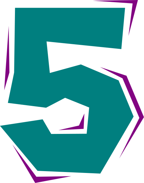The number five with a stylized design on it against an abstract background featuring geometric shapes.