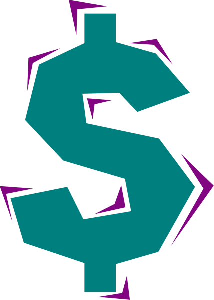 The image shows a dollar sign with money falling out of it against an abstract background that includes geometric shapes like triangles and rectangles in various shades of purple and blue.