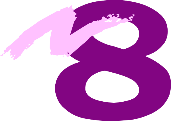 The image shows a purple number eight with an abstract design on its right side against a grey background.