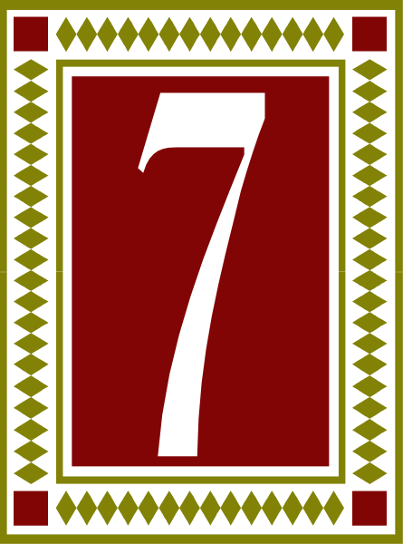 The number seven on a red background with decorative borders featuring geometric patterns.