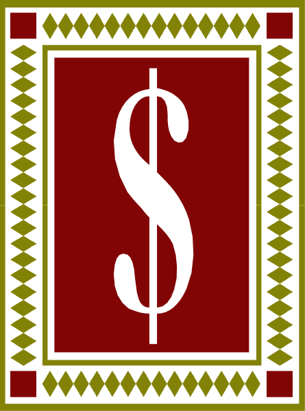 The image shows a red square with an emblem of money on it inside another larger rectangle that has diamond patterns around its border; within this inner frame is a white dollar sign symbolizing currency.