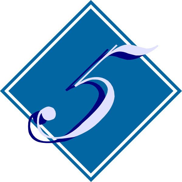 The image shows a blue diamond with an Arabic number 5 inside it on top of another square shape that has two diamonds in its corners forming a larger diamond pattern against a black background. There is no text present, and there's nothing else visible within this frame to describe further details about the setting or objects depicted herein. The image appears simple with geometric shapes as the main focus without any additional context provided by other elements of an environment or scene.