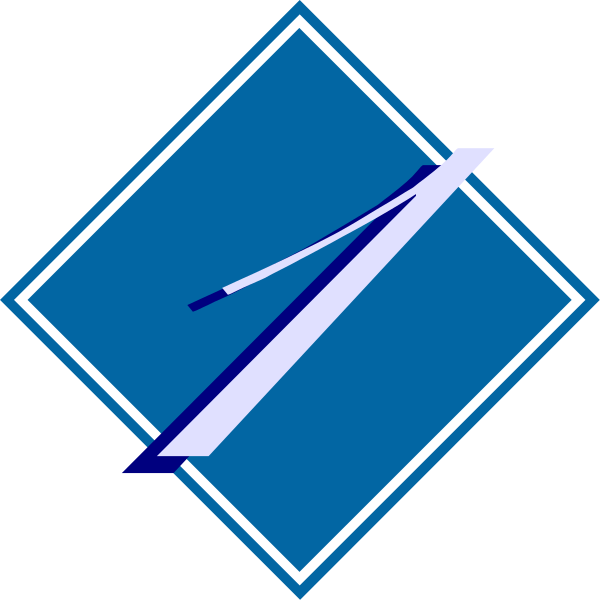 The image shows a blue diamond shape with two white lines intersecting at an angle within it on top of another similar but smaller blue square that has one line passing through its center from left to right.