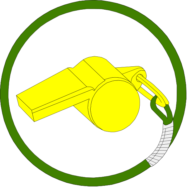 The image shows a yellow whistle with an attached chain hanging from it next to two circular icons: on top is a green shield-like symbol featuring what appears to be a keychain attachment point; below that, there's another icon depicting a magnifying glass and a ruler. Both circles are outlined in white against the black background of the image. The style suggests it could represent some form of certification or approval markings for quality assurance purposes.
