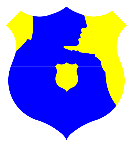The image shows a stylized police badge with an emblem of a person's head inside it on top left corner against blue background.
