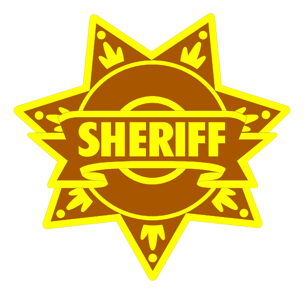 The logo of a sheriff's office with an emblem that reads "SHERIFF" inside it in yellow letters on top of a red shield-like design against a black background.