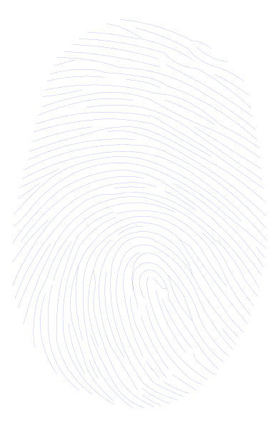 The image shows a blue fingerprint pattern on top of an actual gray print that resembles a human thumbprint.