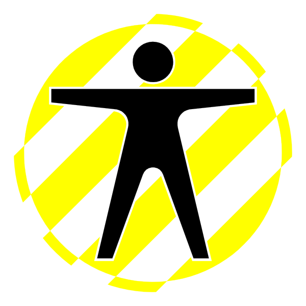 The image shows a yellow warning sign with an icon of a person standing on it inside what appears to be a black border.