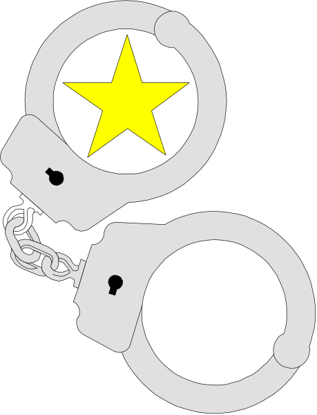 The image shows a pair of handcuffs with shackles connected to each other by chains, featuring an iconic star symbol on one side within its circular shape; this is set against a black background that resembles nighttime sky.