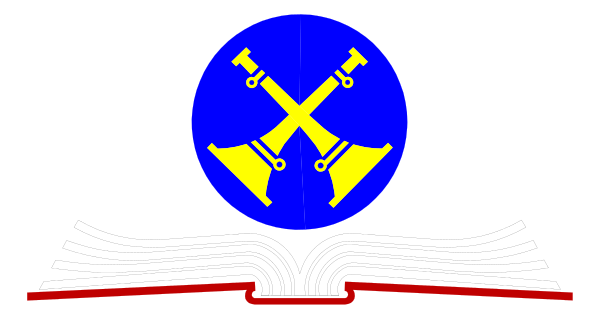 The image shows a logo with an emblem that includes three crossed swords above two books on either side of what appears to be a shield-like design in blue at its center; below this is text reading "Guild" and beneath it, there's another line containing additional symbols or letters.