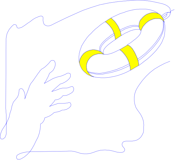 The image shows a black silhouette of an adult holding onto their head with both hands while looking upwards towards what appears to be a lifebuoy floating above them in mid-air against a dark background, suggesting distress and possibly drowning; there is no text present within this clip art illustration.
