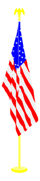 The flag of the United States on a pole with an American Flag Flying High sticker underneath it against a gray background.