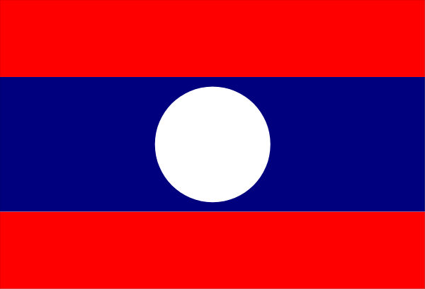 The flag of Laos with a red circle on it placed over another smaller rectangle that has two white circles inside it.