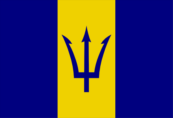 The flag of Barbados with a blue background featuring yellow stars on either side is displayed next to another smaller flag that has an emblem resembling a shield in its center.