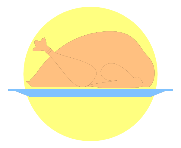 The image shows a cartoon depiction of Thanksgiving with an orange turkey inside what appears to be a roasting pan on top of a stove, set against a sunset background that includes silhouettes of trees and mountains under a yellow sky.