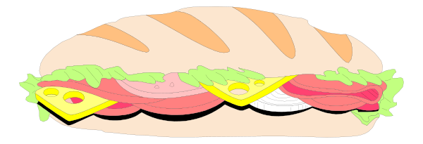 The image shows a colorful sandwich with various fillings on it placed against a dark background.