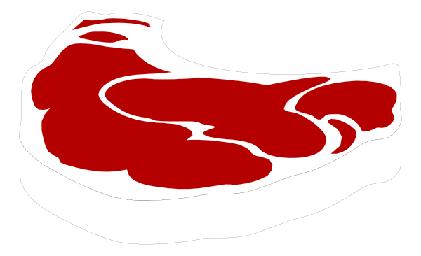 The image shows a stylized graphic of red meat with white bone marrow lines on it against a black background.