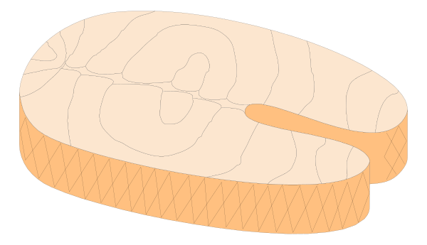 The image shows a slice of pizza with various toppings on it placed against an orange background that resembles cheese.