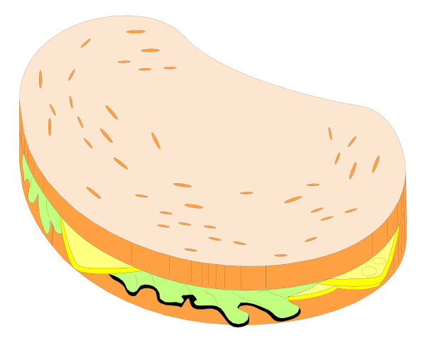 The image shows a cartoon depiction of an open sandwich with various fillings on it against a black background.